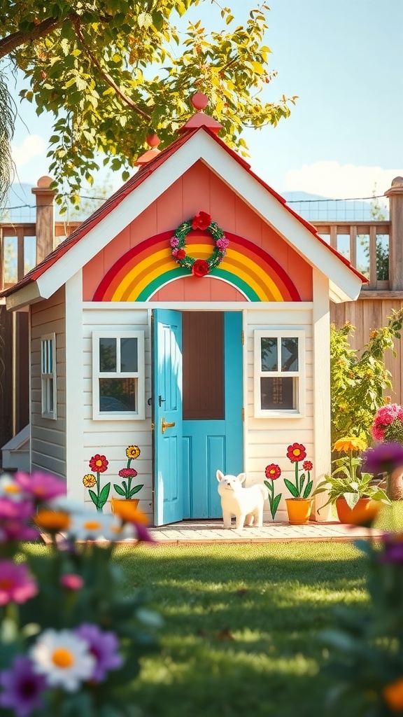 A colorful rainbow-themed playhouse surrounded by flowers in a garden
