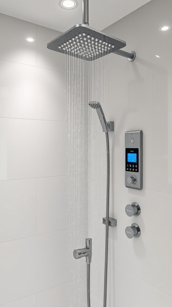 Modern rainfall shower with smart controls and a handheld showerhead