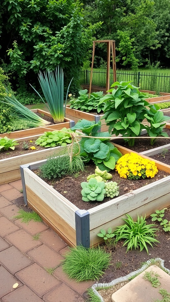 Vibrant raised bed garden with various vegetables and herbs