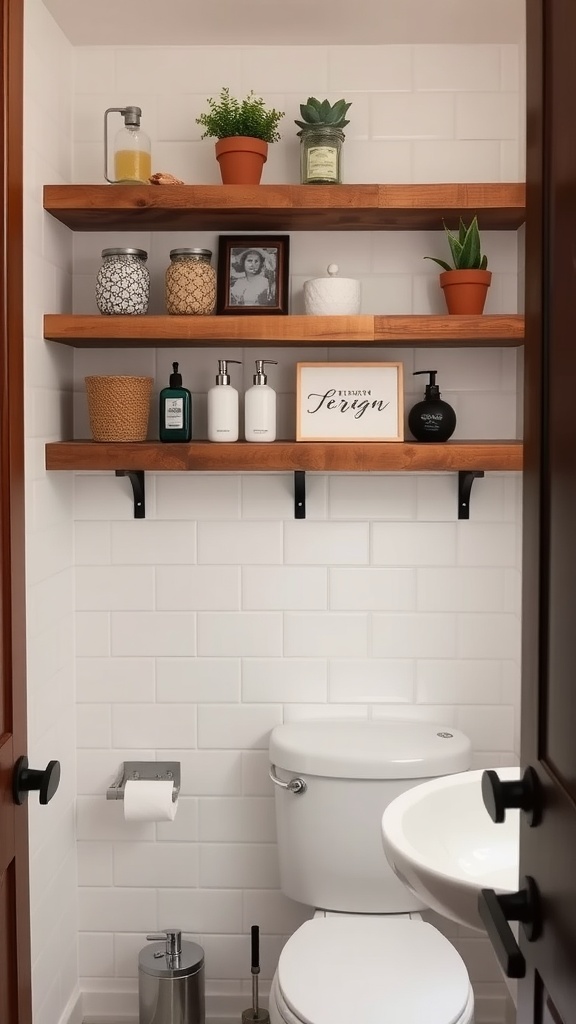 Rustic reclaimed wood shelves with plants and decorative jars in a small bathroom