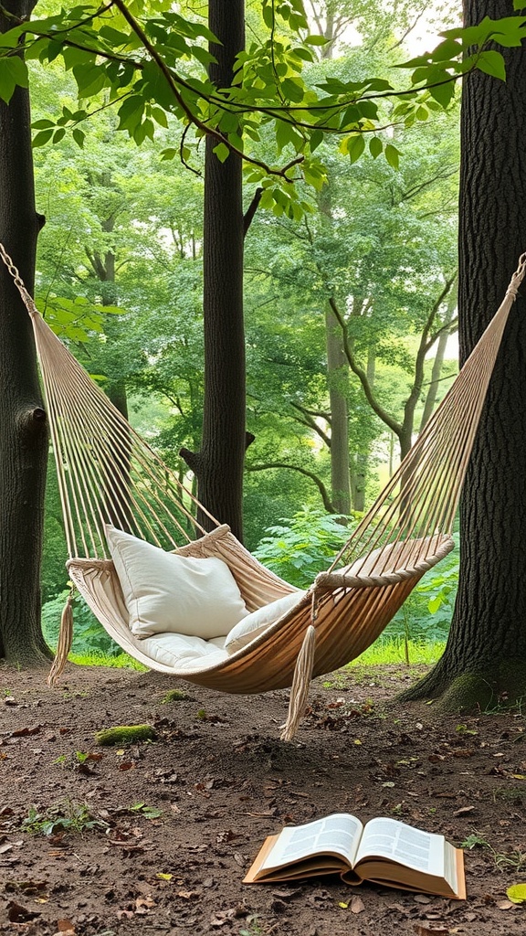 Hammock hanging between trees with soft cushions and an open book on the ground