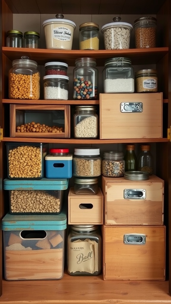 Organized pantry with various repurposed containers including glass jars and wooden boxes.