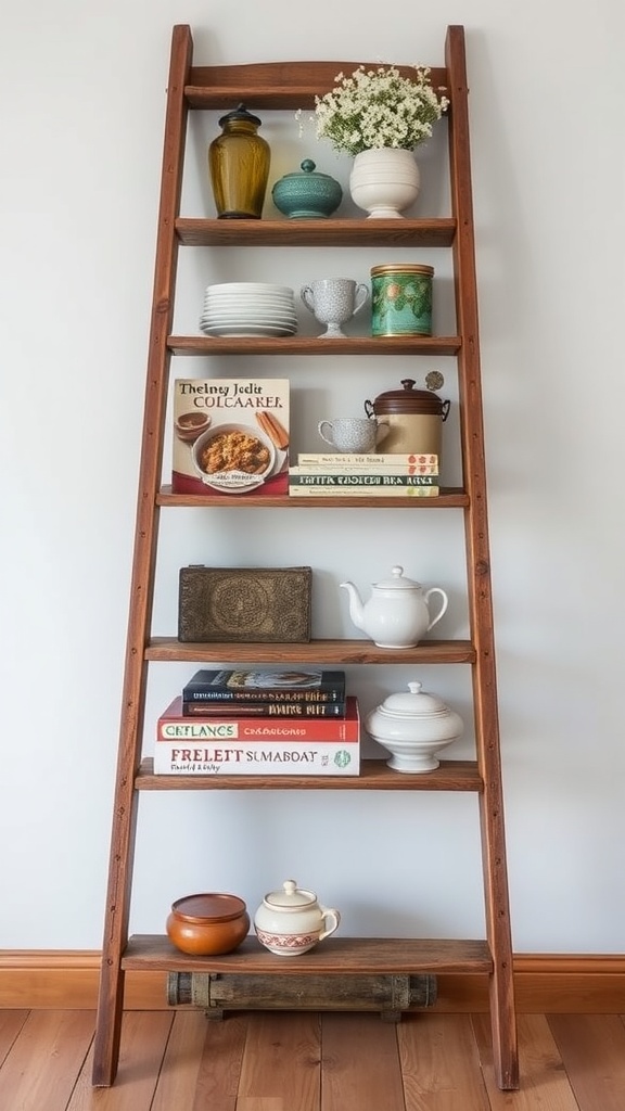 A wooden ladder repurposed as a shelf displaying various kitchen items and cookbooks.