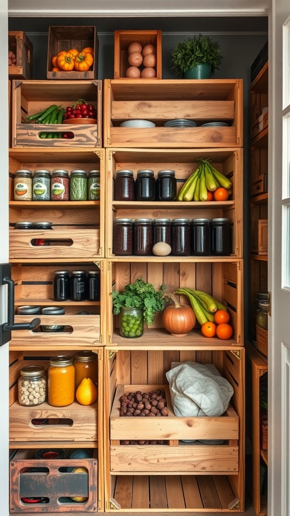 A pantry filled with repurposed wooden crates storing fruits, vegetables, and jars.