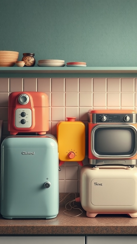 A collection of retro kitchen appliances in pastel colors, including a mint green refrigerator, an orange air fryer, a yellow canister, and a vintage-inspired television, set against a soft-colored wall.
