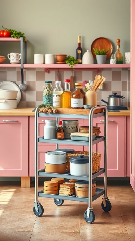 A rolling cart with various containers and bottles in a stylish kitchen setting.