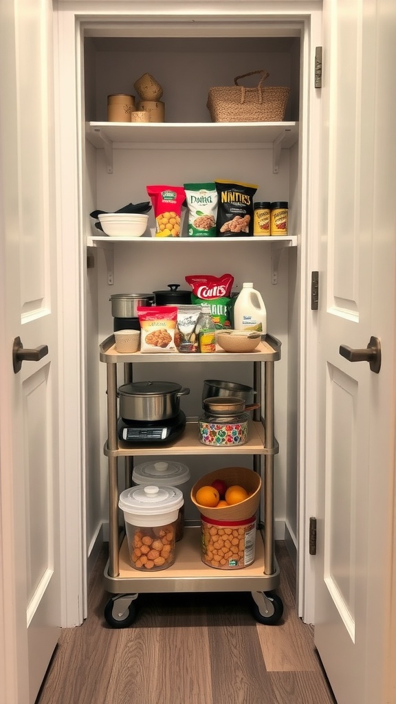 A small pantry with a rolling cart filled with snacks, kitchen tools, and containers for organization.