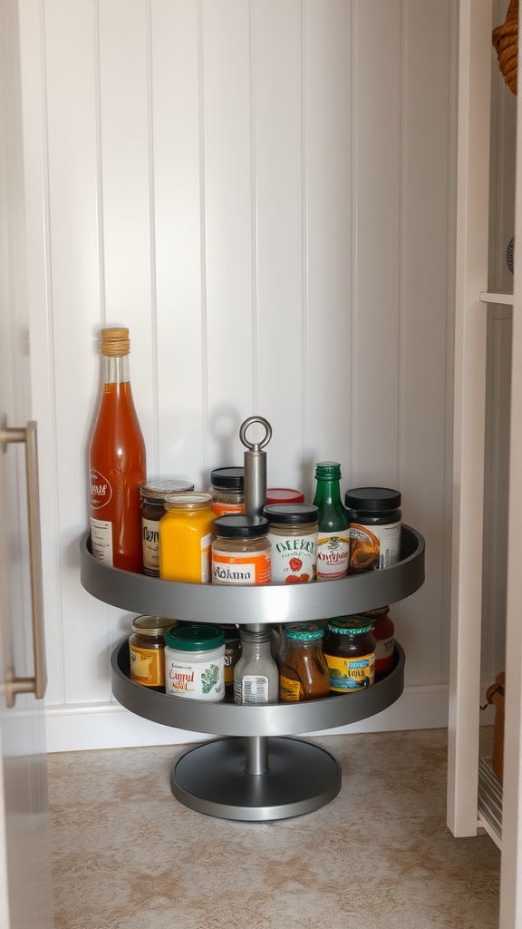 A rotating lazy Susan with jars and condiments in a pantry