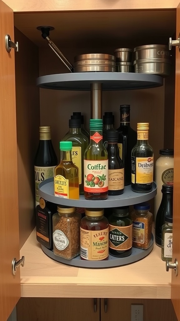 A rotating turntable filled with various cooking oils, sauces, and spices in a kitchen cabinet.