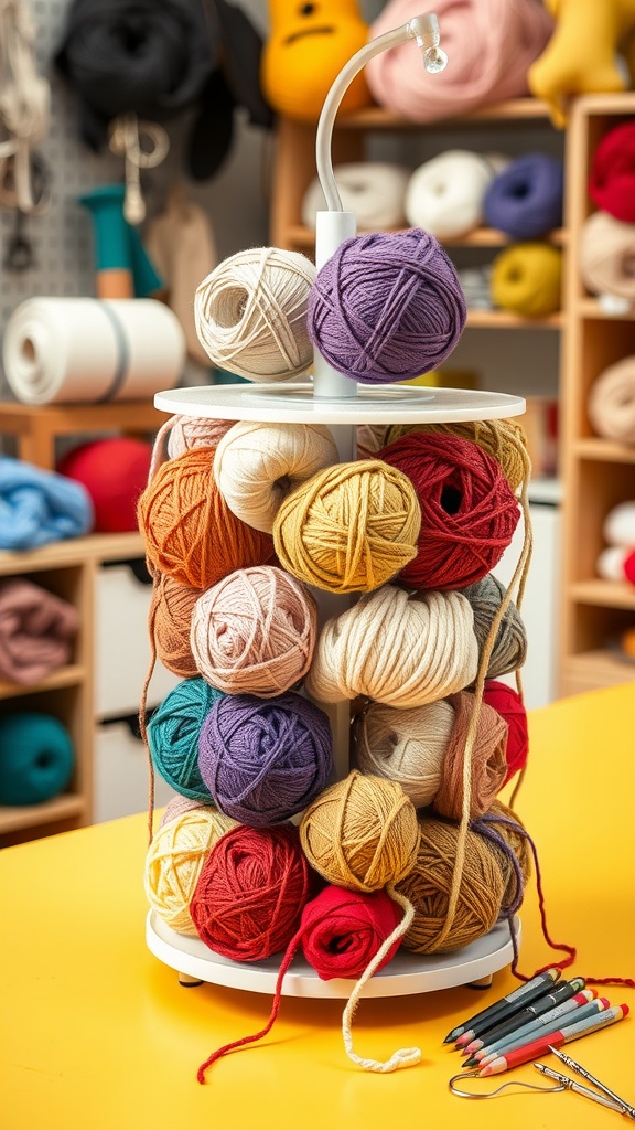 A rotating yarn organizer filled with colorful yarn balls on a craft table.