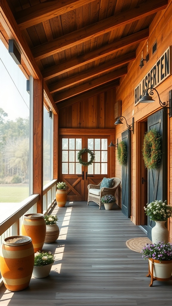 A rustic barn-inspired screened porch with wooden beams, potted plants, and cozy seating
