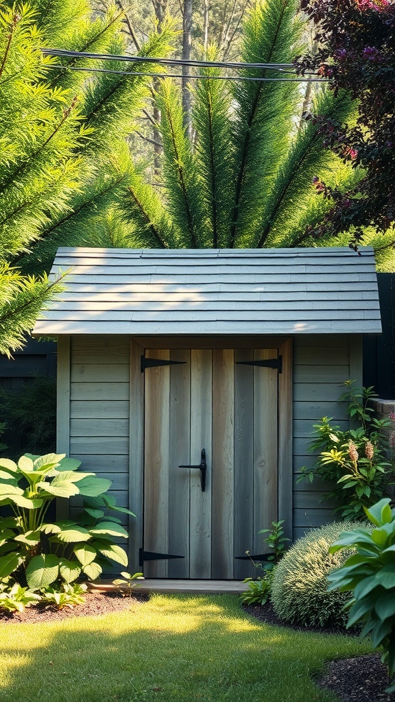 A rustic garden shed with wooden doors and a sloped roof, surrounded by greenery and plants.