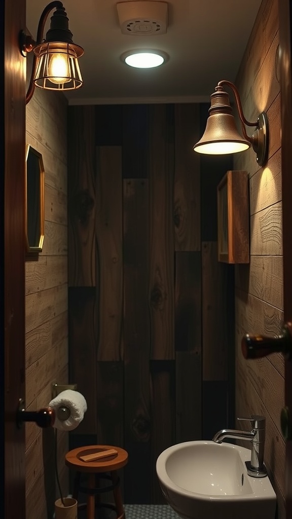 A small bathroom with rustic lighting fixtures and wooden walls.