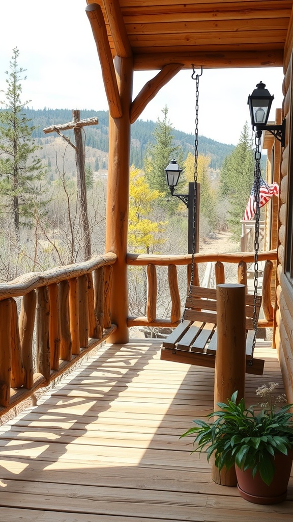 Rustic log railings on a front porch with a swing and a pot of greenery.