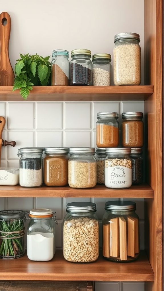 A collection of mason jars filled with various ingredients arranged on wooden shelves.