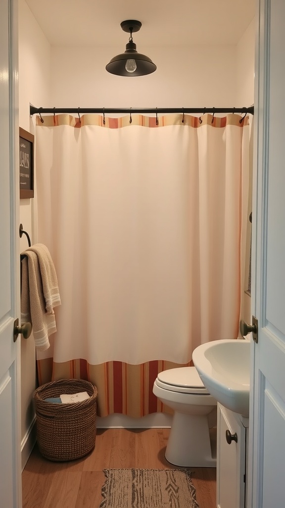 A rustic bathroom featuring a simple white shower curtain with earthy tones, a black shower rod, a woven basket, and a towel.