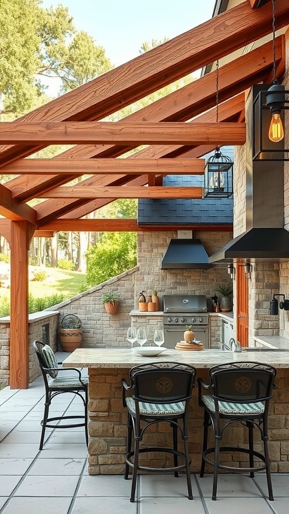 Outdoor kitchen with wooden beams, stone walls, and bar seating