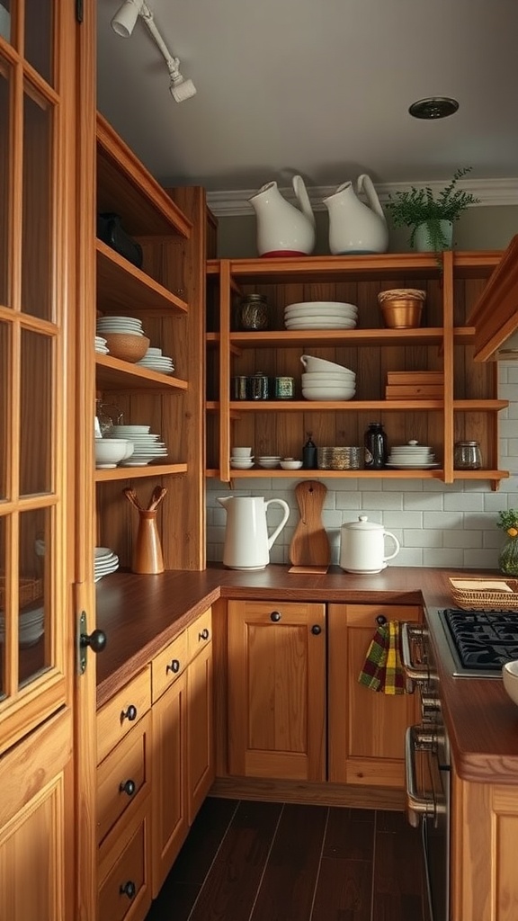 A kitchen with rustic wood pantry shelves filled with various dishes and utensils.