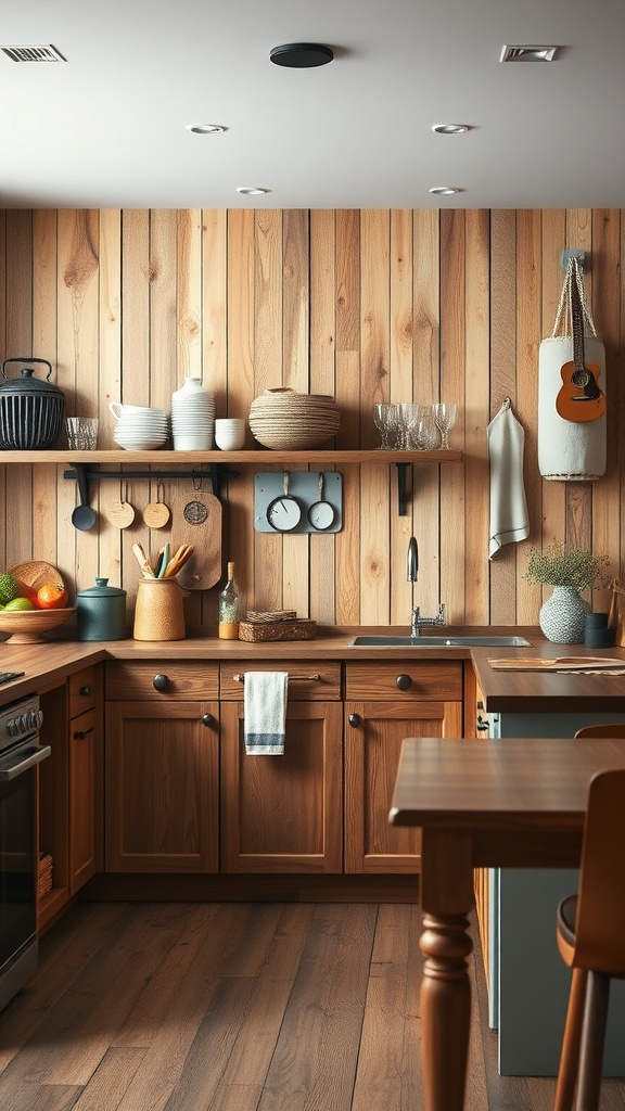 A rustic kitchen featuring wood plank walls, open shelves, and natural decor.