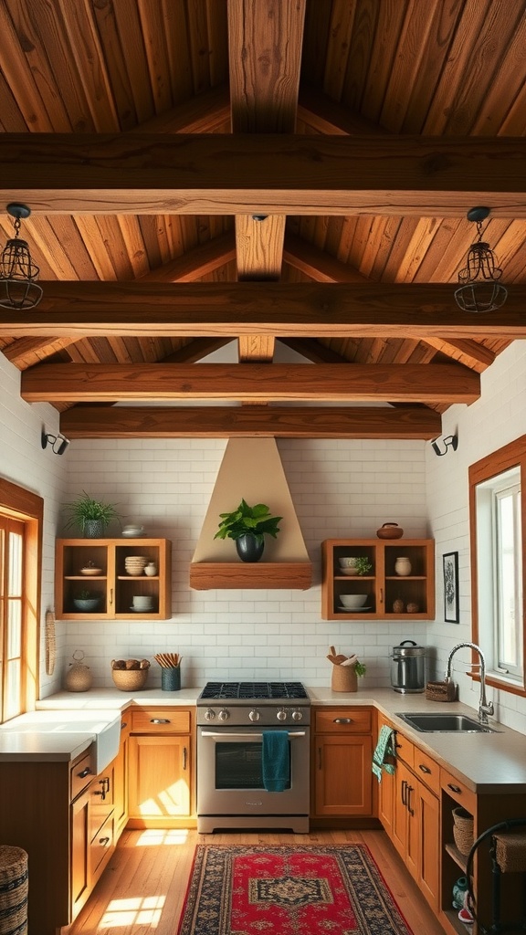A cozy farmhouse kitchen showcasing rustic wooden beams and warm wooden cabinets.