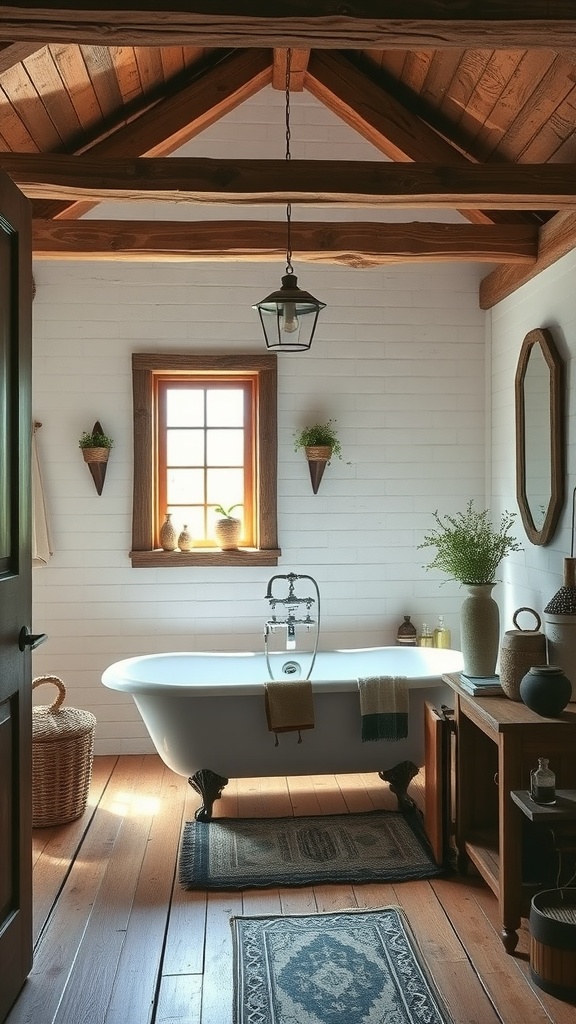 Rustic bathroom featuring wooden beams, a freestanding bathtub, and natural plants