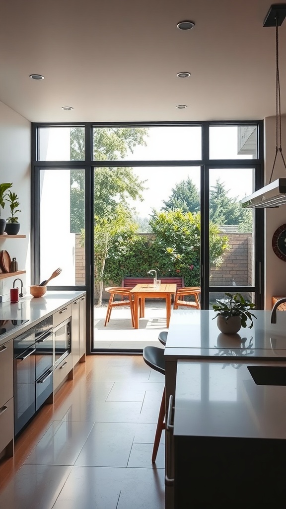 A modern kitchen with large glass windows opening to an outdoor dining area, featuring plants and wooden furniture.