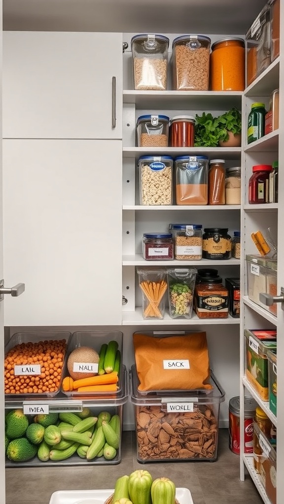 Organized pantry with clear storage containers and labeled ingredients