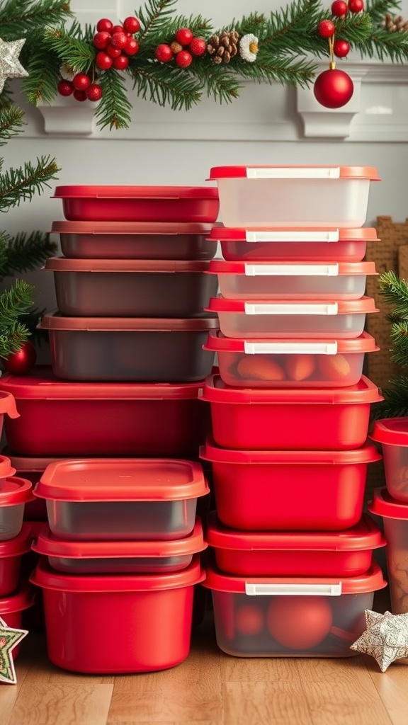 Colorful Tupperware containers stacked with festive decorations in the background.