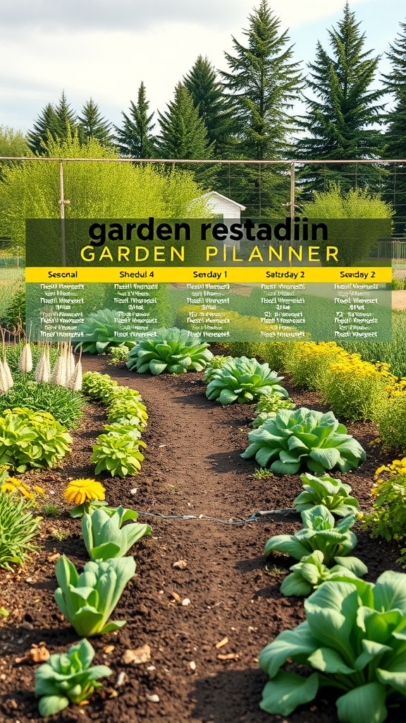 A seasonal garden planner displaying various vegetable planting schedules and arrangements.