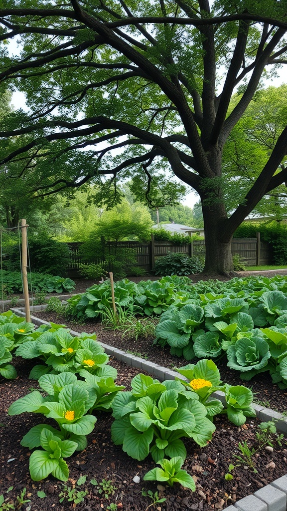 A lush garden with leafy green plants and yellow flowers under a large tree.