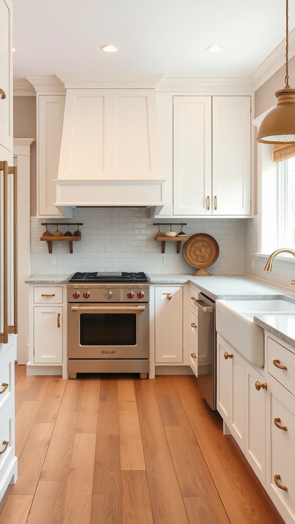 A modern farmhouse kitchen featuring Shaker-style cabinets with a white finish and golden hardware.