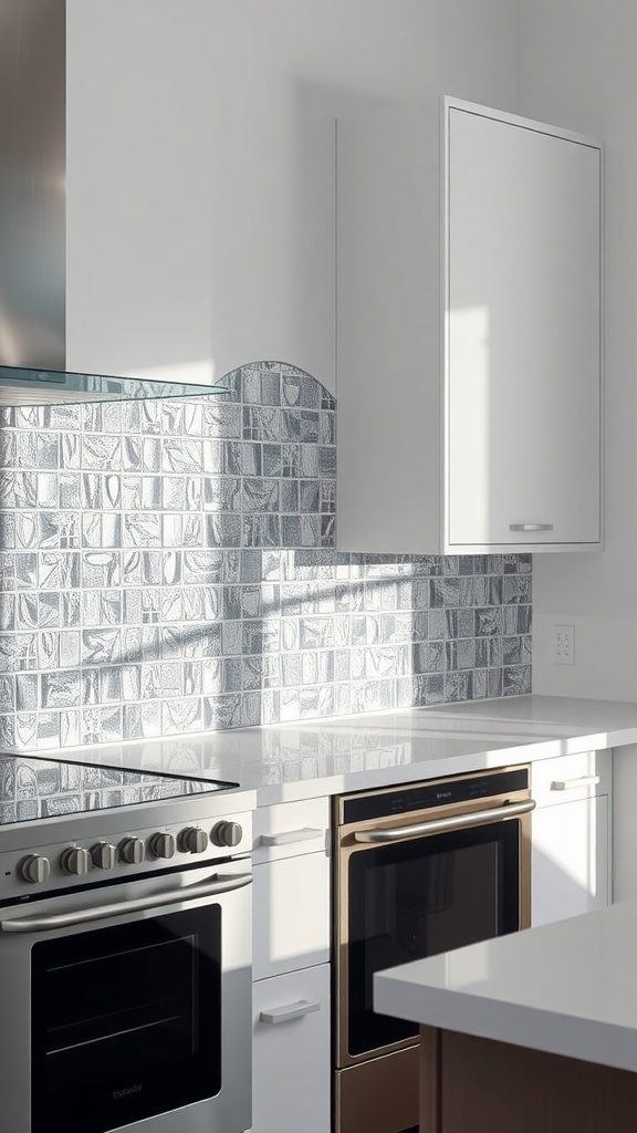 A modern kitchen featuring a shimmering glass tile backsplash with silver and blue tones.