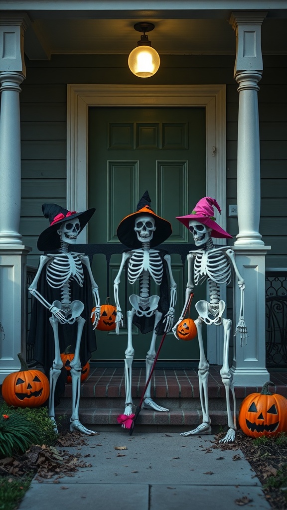Three skeletons in colorful hats on a porch with pumpkins