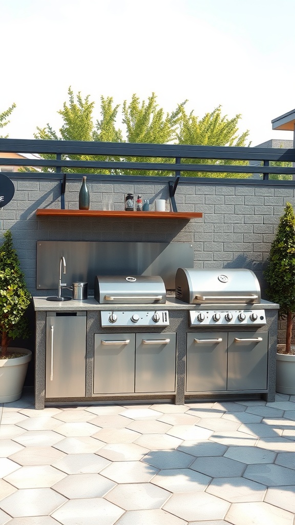 A sleek outdoor BBQ station with stainless steel grills, countertops, and a wooden shelf, surrounded by greenery.