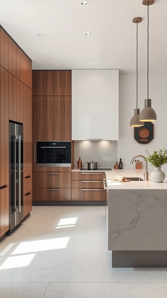 A modern kitchen with sleek minimalist design featuring wooden cabinets, a marble countertop, and stylish pendant lights.
