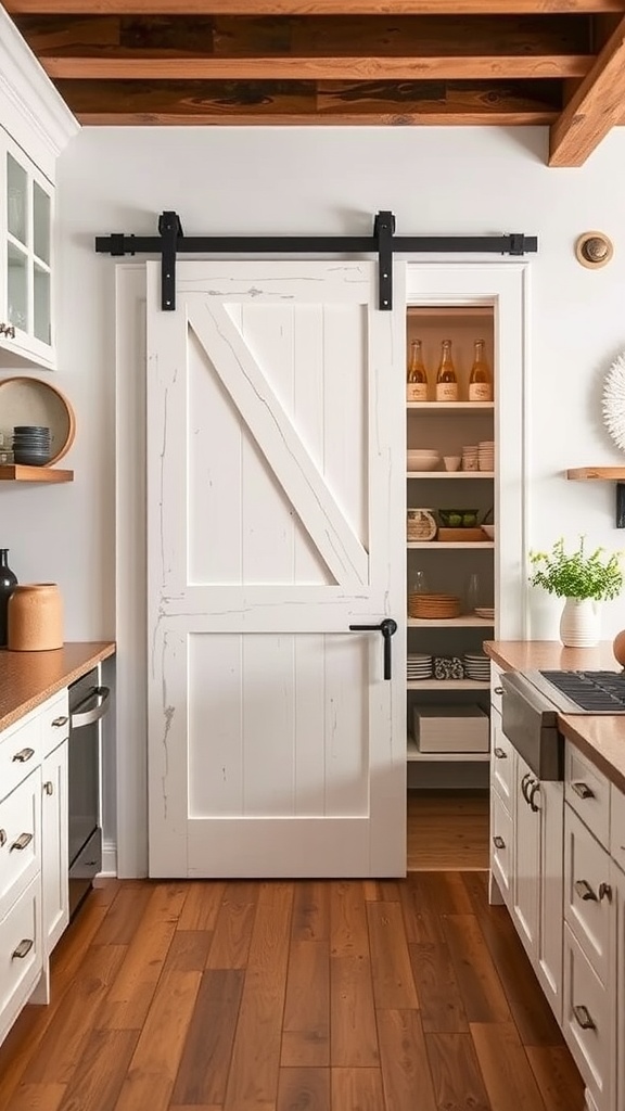 A sliding barn door pantry in a kitchen with white cabinetry and wooden countertops.