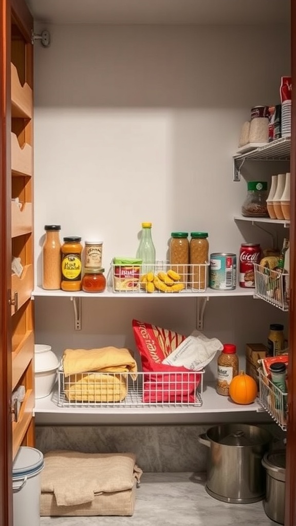 A well-organized pantry with sliding baskets holding various food items and kitchen essentials.