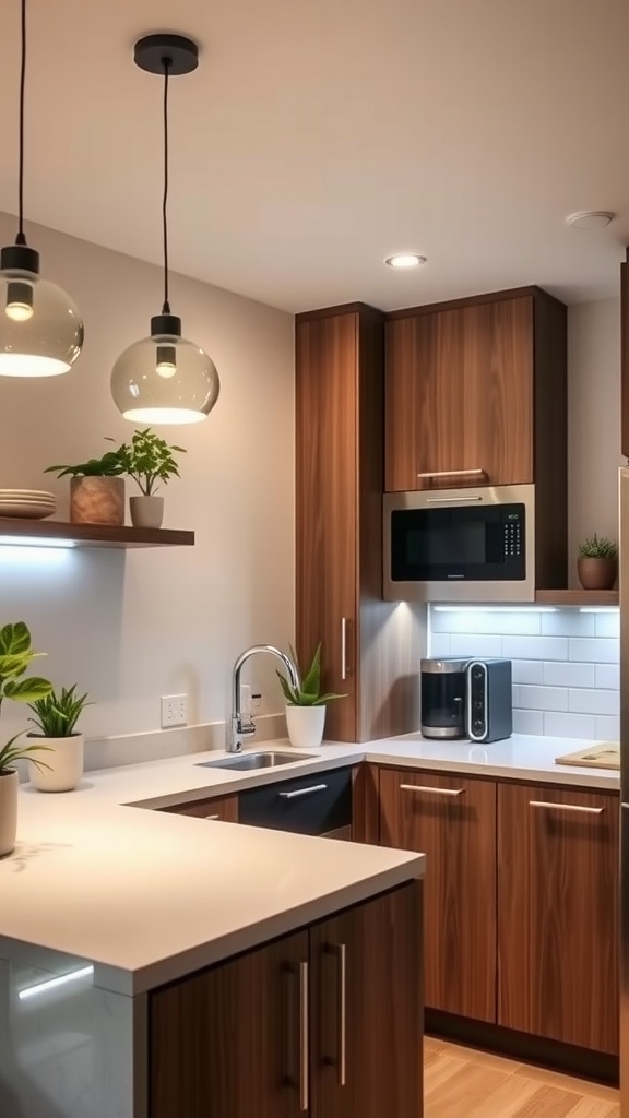 A modern kitchen featuring wooden cabinets, smart appliances, and stylish pendant lighting.