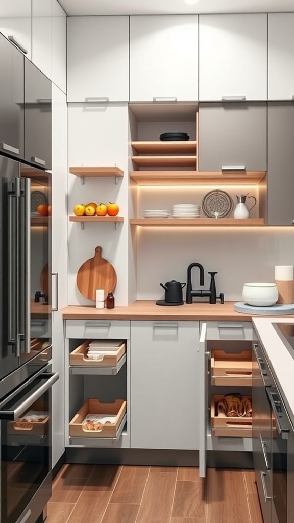 A modern kitchen with smart storage solutions, featuring pull-out drawers and open shelving.