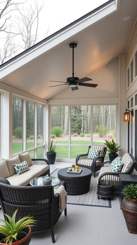 A modern screened porch design with comfortable seating, a ceiling fan, and plants.