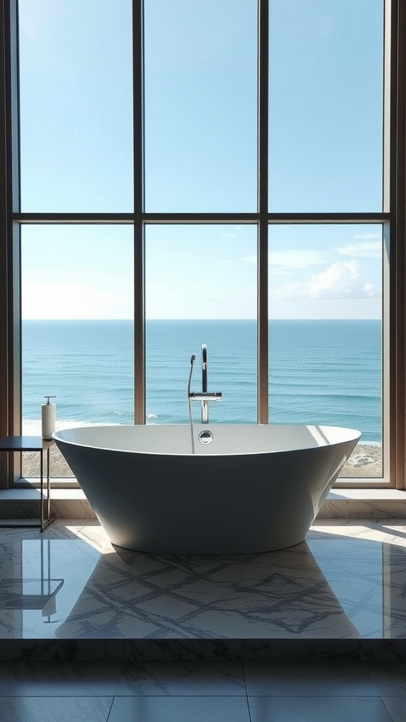 A modern soaking tub with a view of the ocean through large windows.