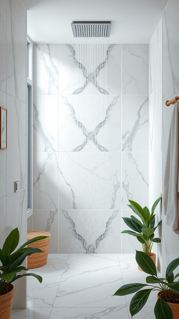 A modern wet room featuring marble tiles, a rainfall showerhead, and potted plants.