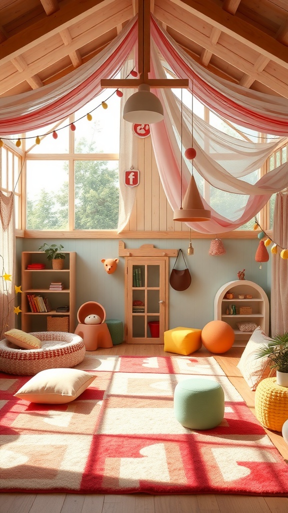 Spacious indoor playhouse featuring bright colors, comfortable seating, and playful decor.