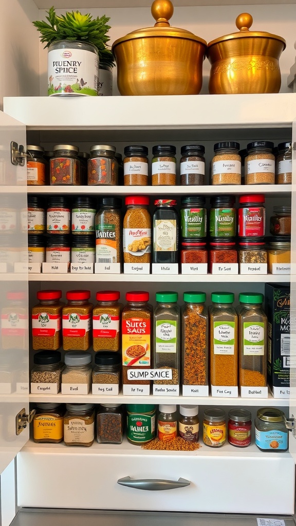 Organized spice rack with labeled jars and decorative pots
