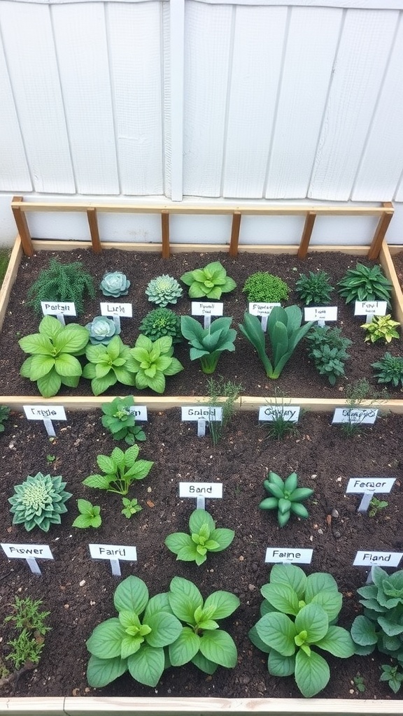 An organized square foot garden layout with labels for various plants.