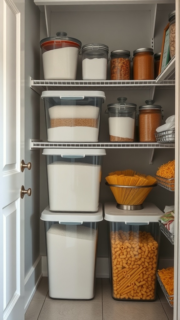A well-organized pantry with stackable bins for storing dry goods.