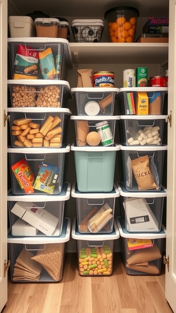 A well-organized pantry with stackable bins containing various food items.