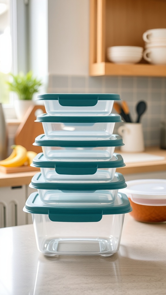 A stack of clear stackable Tupperware containers with teal lids on a kitchen countertop.