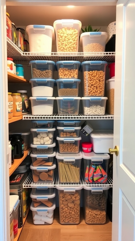 Organized pantry with stackable containers filled with various food items.