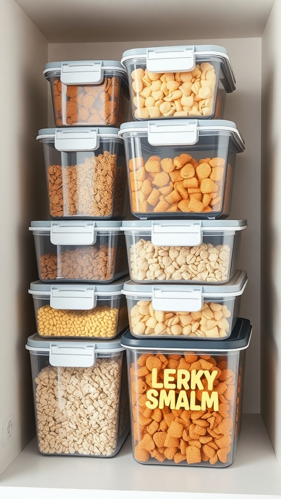Stackable containers filled with snacks in a pantry